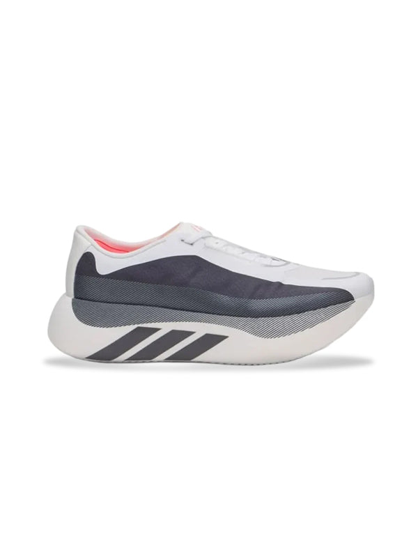 A low-top athletic sneaker shown from the side profile on a clean white background. The shoe features a white upper with a dark gray mesh panel, a thick white and gray midsole, and three dark gray stripes on the side.